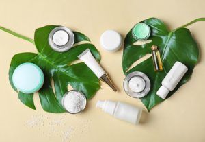 Skincare Products and Tropical Leaves