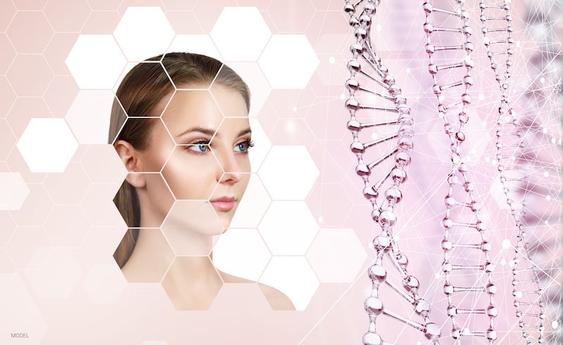 A pretty woman's face is surrounded by strands of DNA and a cell structure illustration.